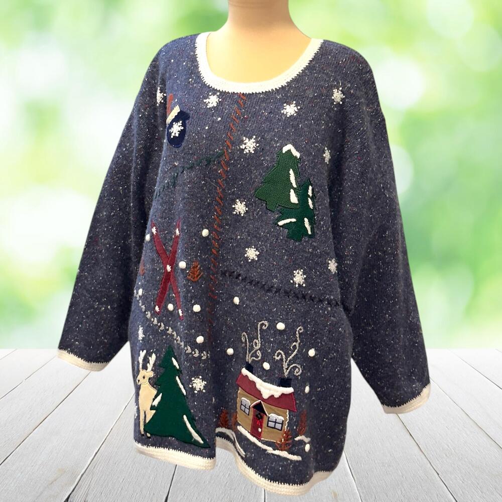 Vintage LEMON GRASS Christmas Sweater Embroidered Cottage Ramie Angora Plus 2X